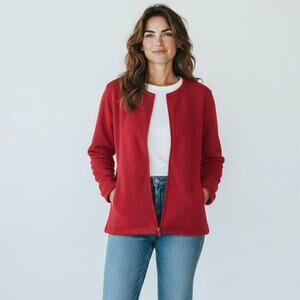 Eileen Fisher Red Knit Cotton Sweater Cardigan Front Zip Pockets Small